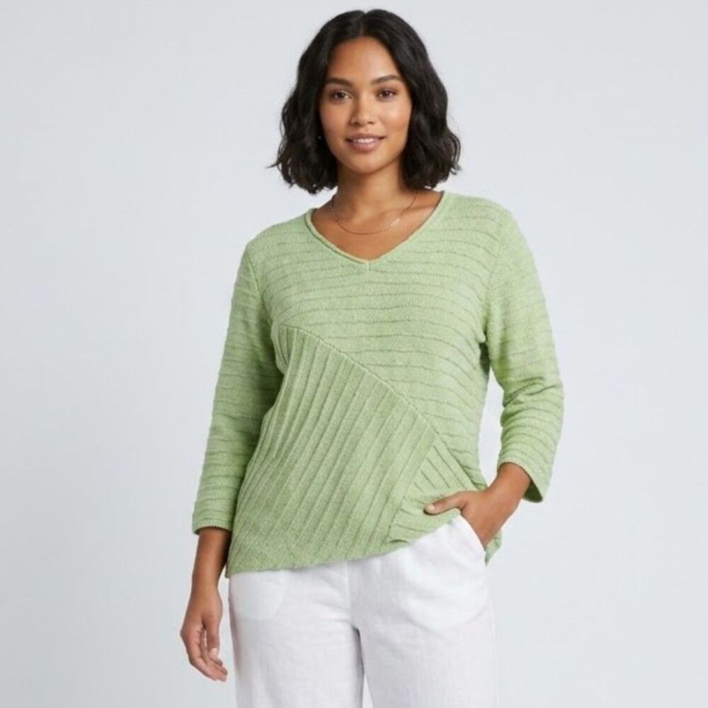 Habitat Ribbed Knit V-Neck Sweater Womens Size S Green Cotton Artsy Lagenlook